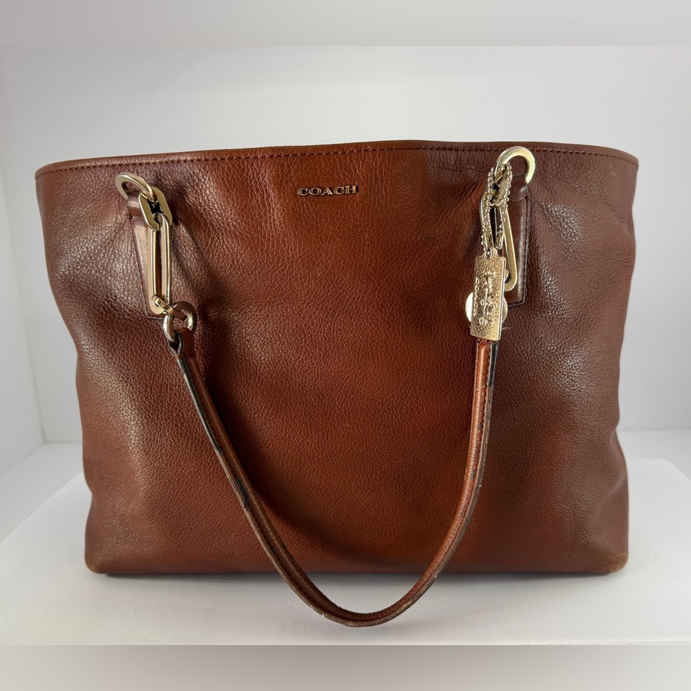 Coach Madison Leather East West Tote Brown Pebbled Leather Bag Red Interior - Picture 2 of 15